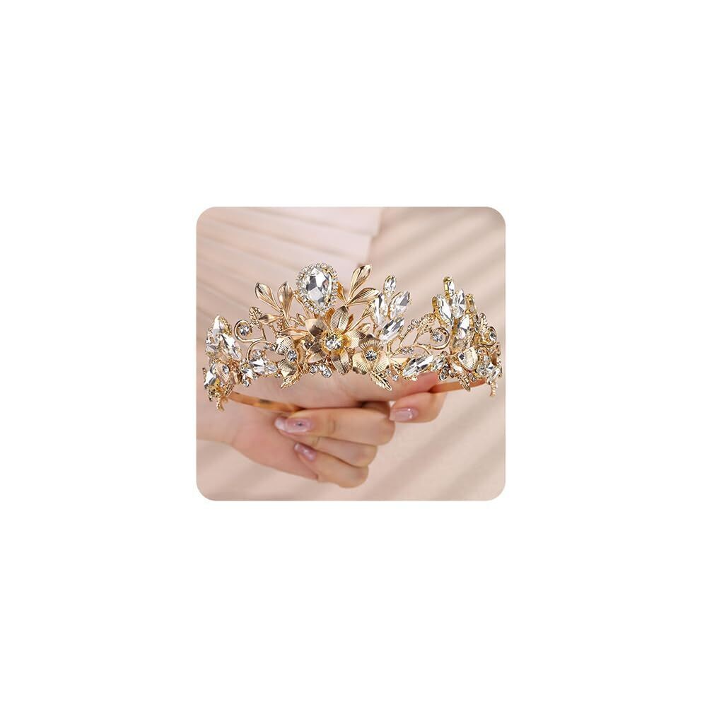 4721 Gold Crystal Wedding Crown Tiara Bridal Headband Flower Leaf Headpiece